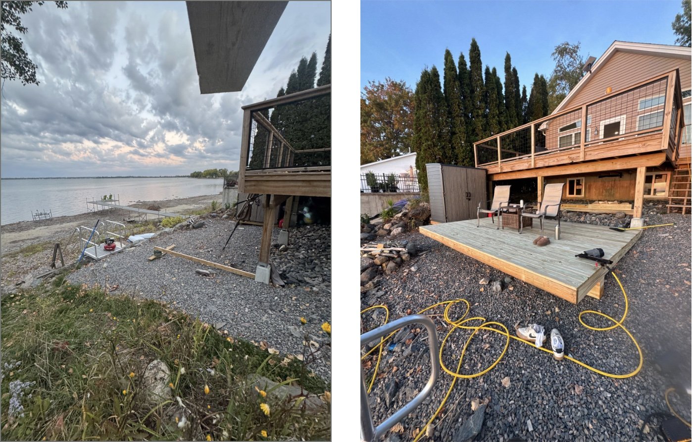 Comparison of a lakeside backyard before and after renovation showing a small gravel area, a floating dock, and a cloudy sky in the first image; and a renovated outdoor deck with patio furniture, a new wooden platform, and a clean yard in the second image.