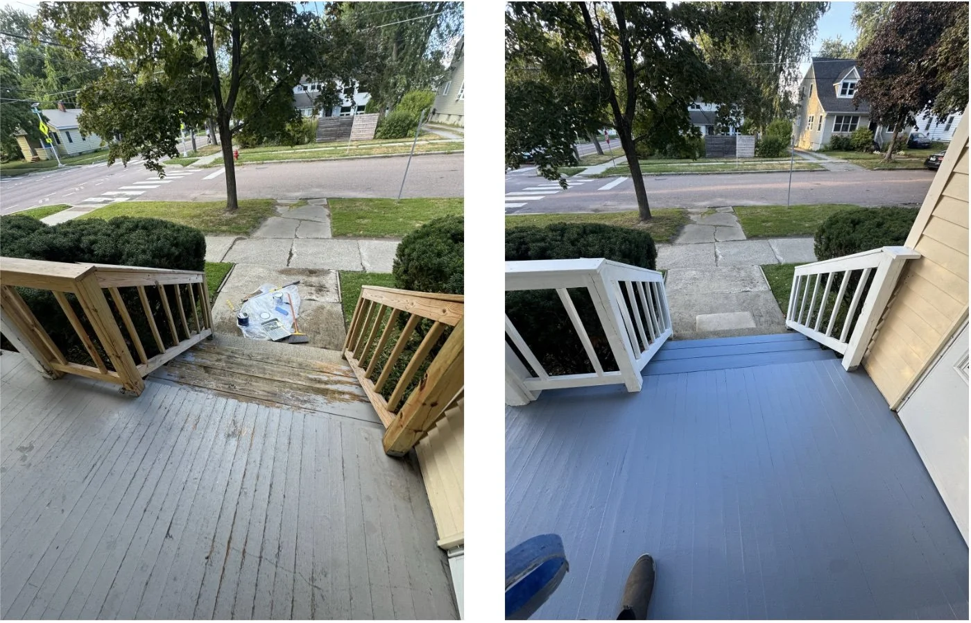 Side-by-side comparison of a porch before and after painting. The left side shows a porch with a weathered, grayish floor and unpainted wooden railing, with painting supplies on the steps. The right side shows the same porch after painting, with a smooth, blue floor and freshly painted white railing.