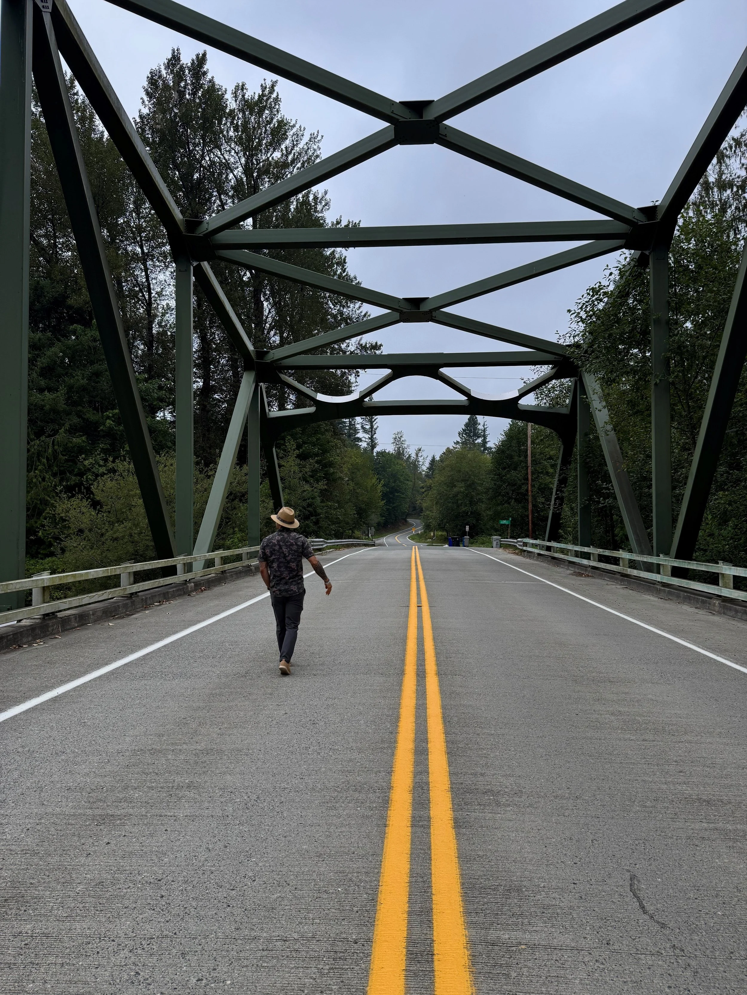 A person walking across a metal bridge over a road with yellow double lines, surrounded by trees under a cloudy sky.