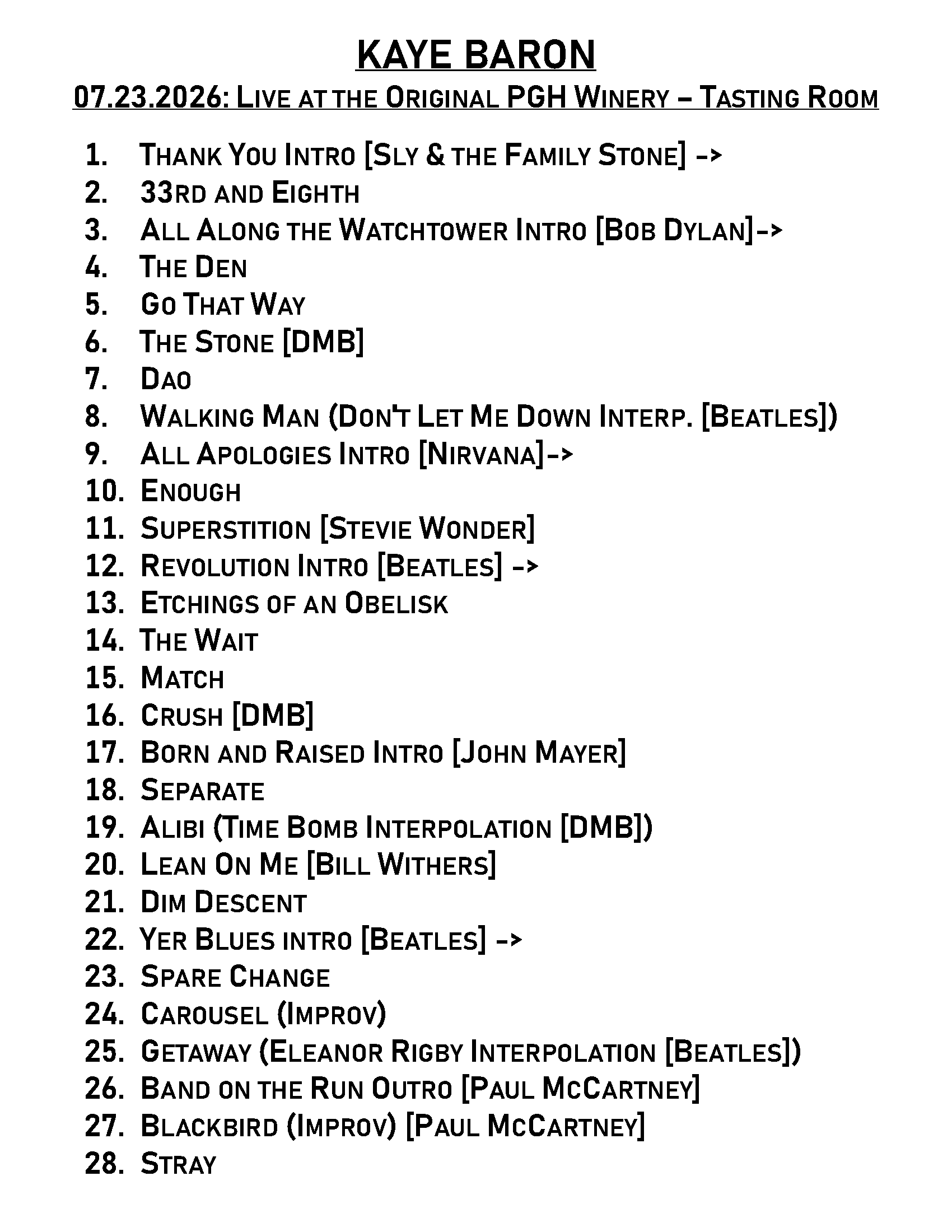 Kaye Baron - The Cellar setlist