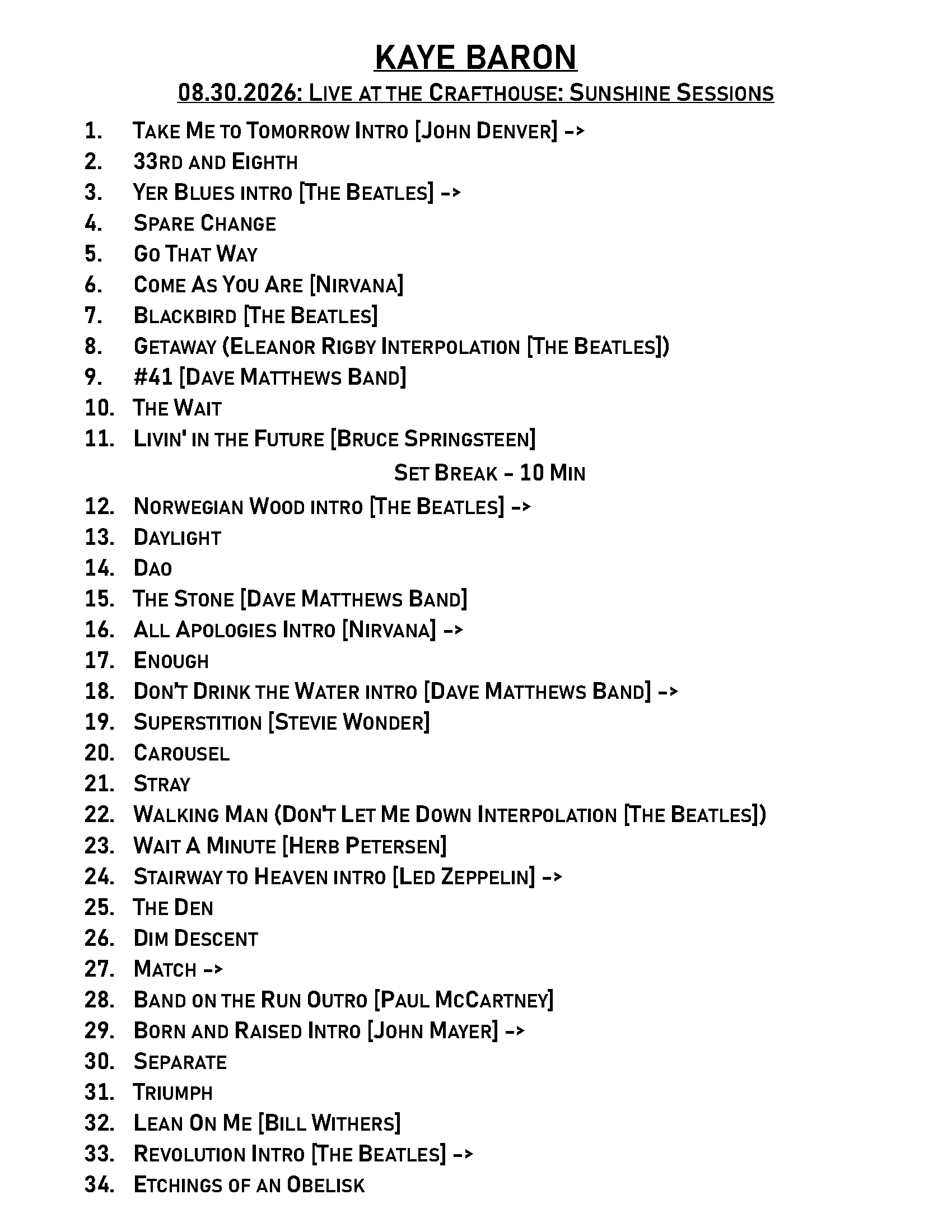 Kaye Baron - Crafthouse Sunshine Sessions Setlist