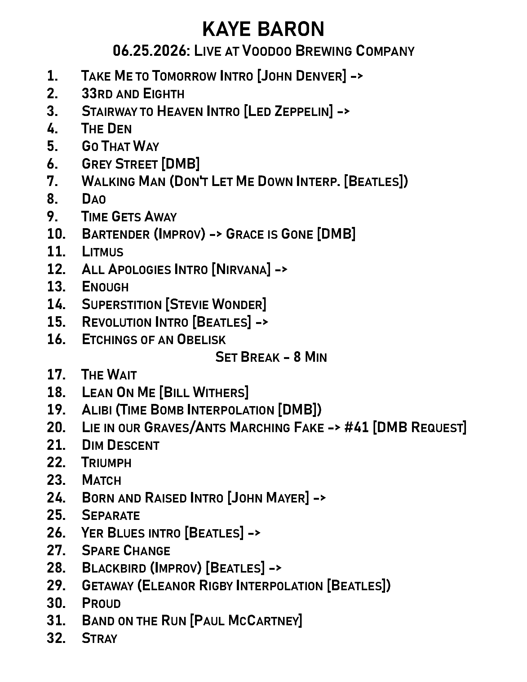 Kaye Baron - Voodoo Brewing Setlist