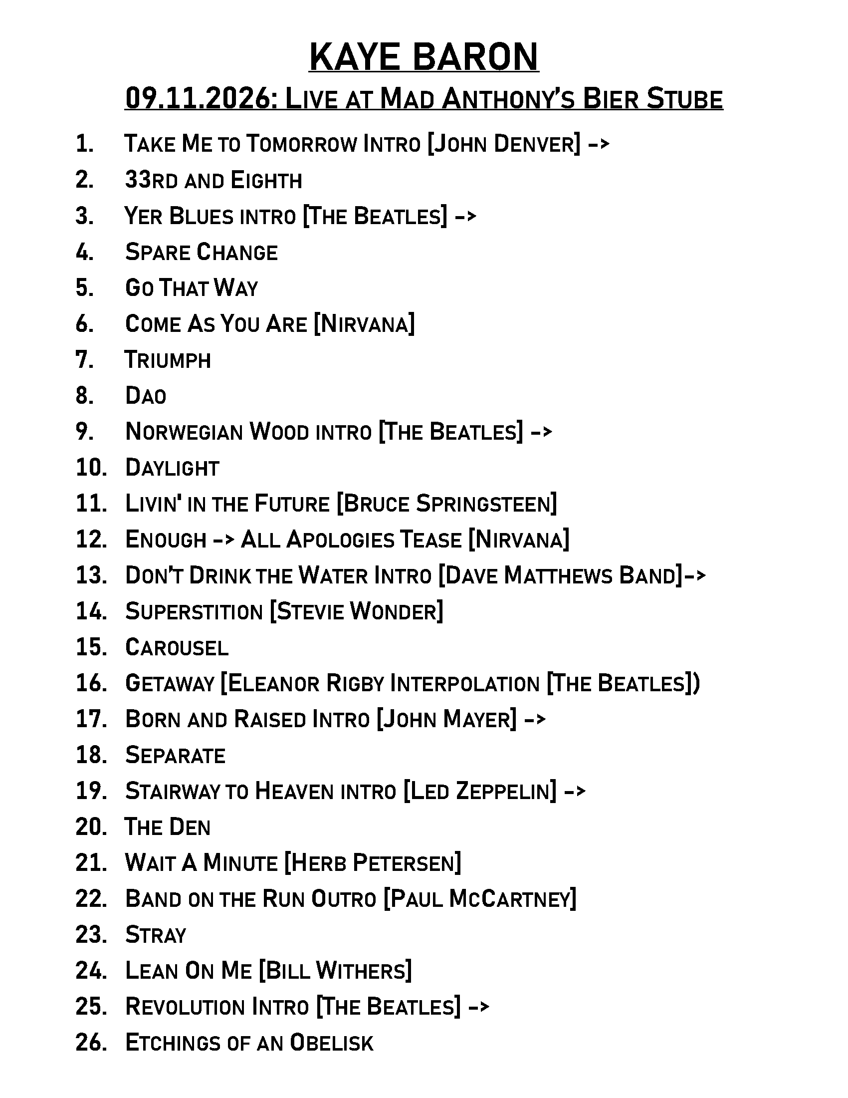 Kaye Baron - Mad Anthony's Bier Stube Setlist