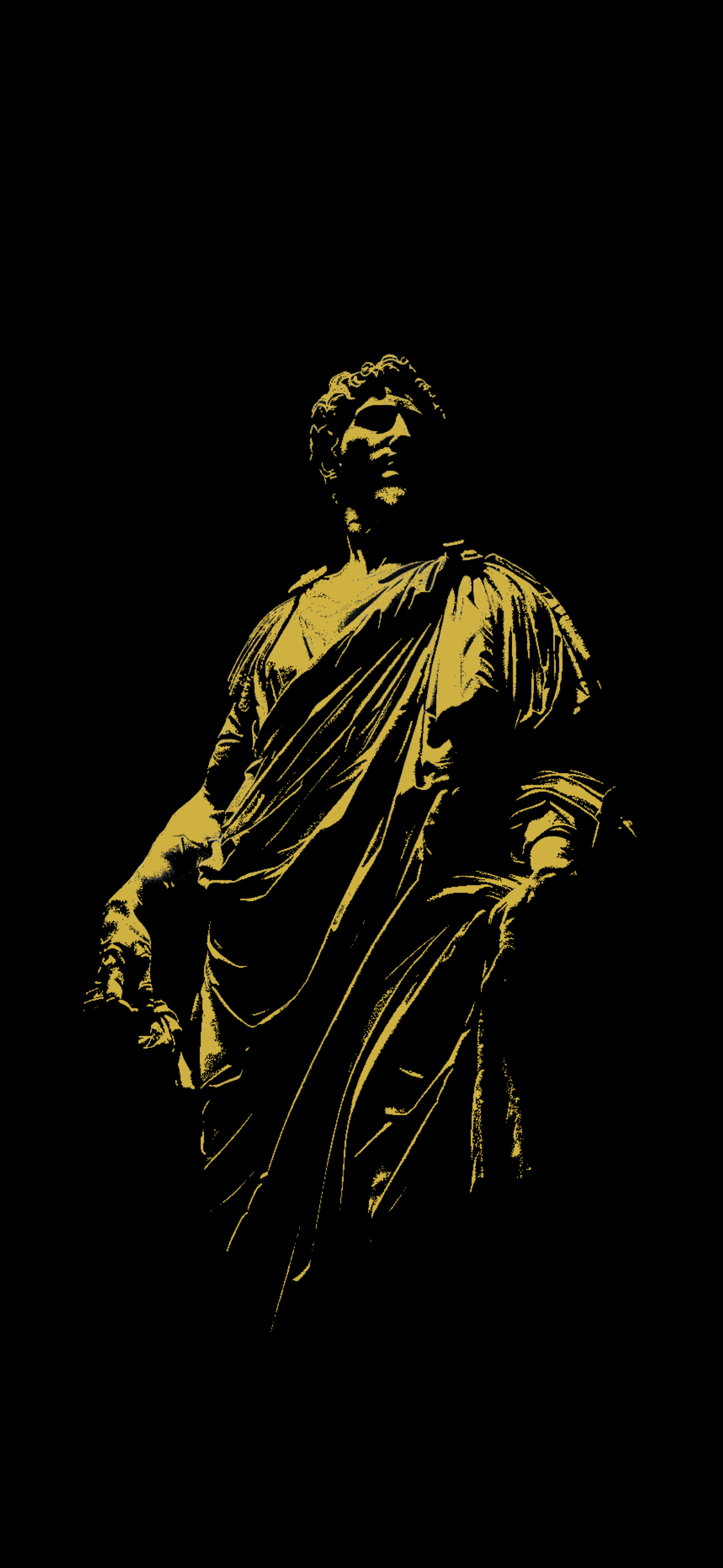 Silhouette of a classical statue of a man in robes, rendered in gold against a black background.