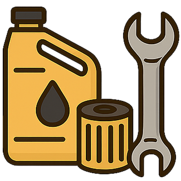 Car oil container, oil filter, and wrench for vehicle maintenance.
