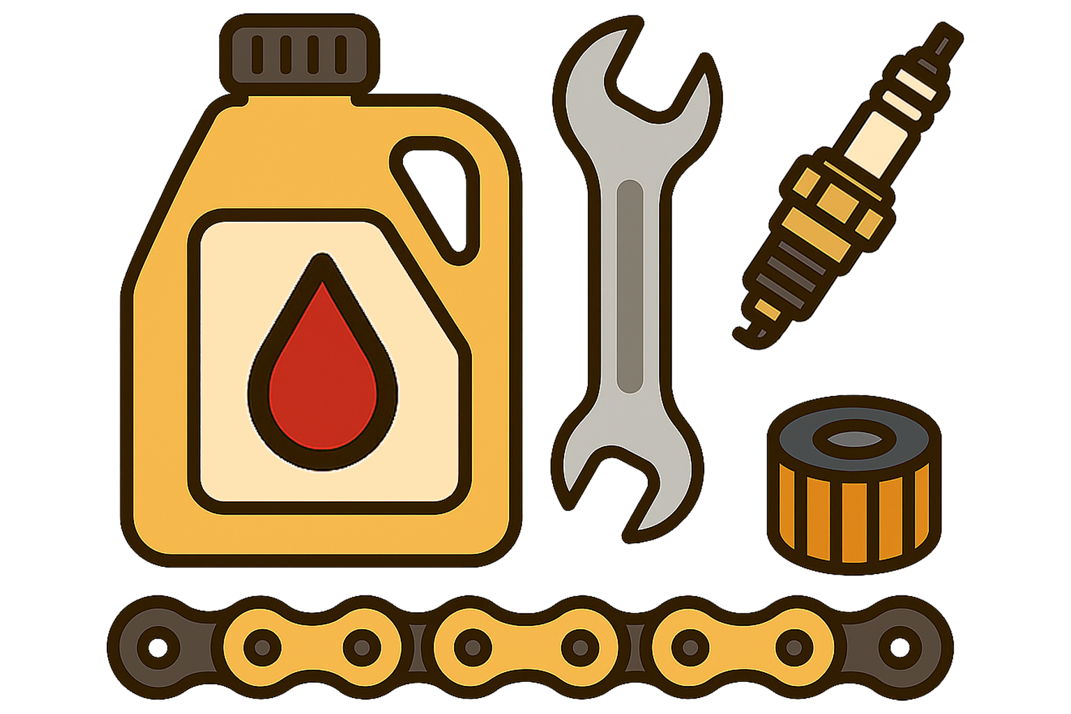 Illustration of a fuel can, a wrench, a spark plug, a spark plug socket, and a chain, all related to vehicle maintenance and repair.