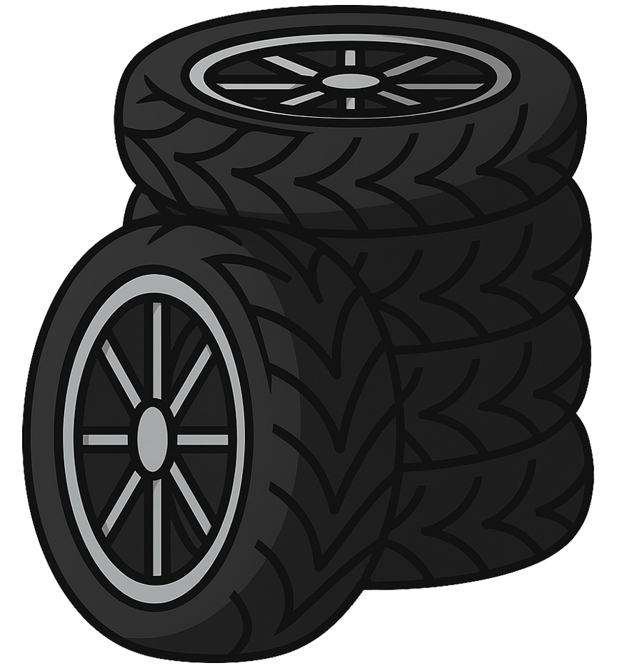 Stack of five black tires with silver and black rims