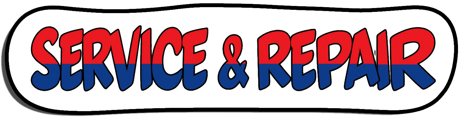A colorful sign with the words 'Service & Repair' in large, bold, red and blue letters with a white background and black border.