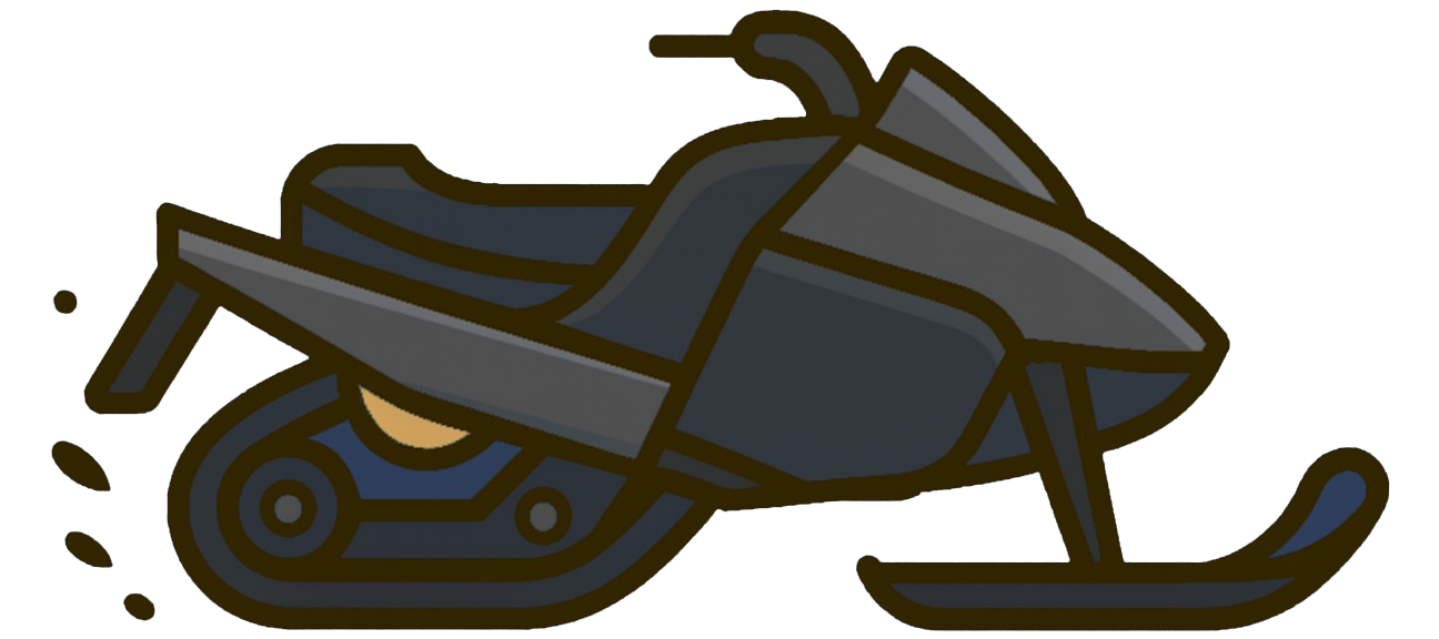 Illustration of a snowmobile with a gray body, black tracks, and a black seat.