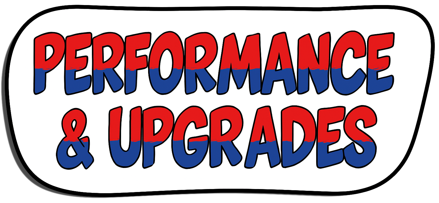 Sign with the text "Performance & Upgrades" in red and blue on a white background, surrounded by a black border.