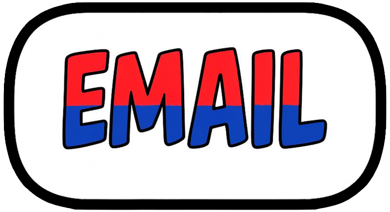 Drawing of the word 'EMAIL' with a red and blue color scheme on a white background with black border.