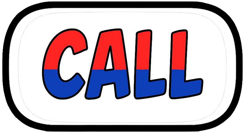 The word 'CALL' written in large bold letters with a red and blue gradient outline on a white oval background.