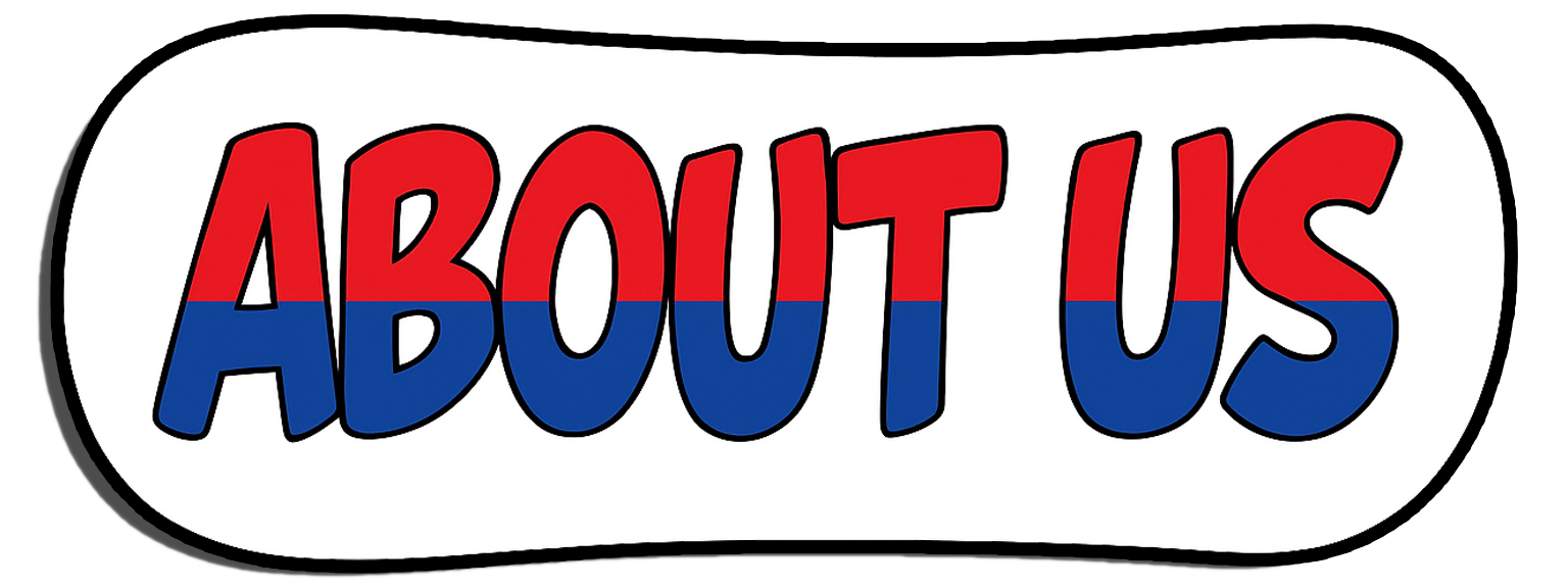 Colorful sign with the words "ABOUT US" in large, bold letters, split into red upper half and blue lower half, on a white background with a black border.