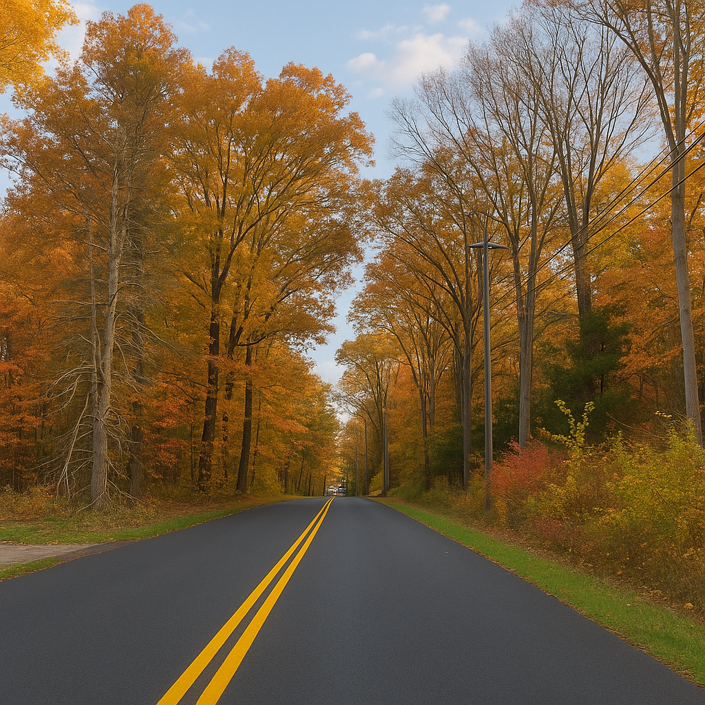 A paved road with yellow lines running through a forest with trees showing fall colors, along with utility poles and wires.