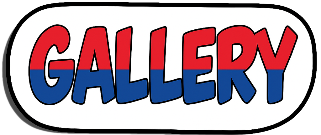 Sign reading 'GALLERY' with red, blue, and black text on a white background