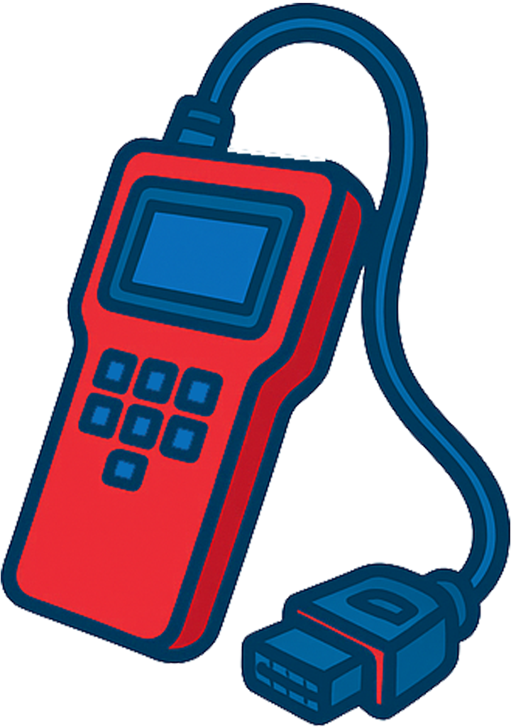 Illustration of a red and blue portable electronic device with a keypad and a screen, connected to a blue cable with a connector at the end.