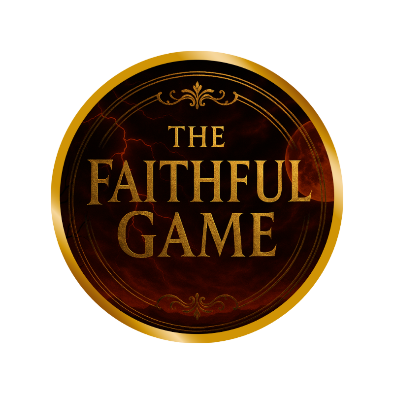 A circular emblem with a dark, stormy background featuring lightning and clouds. The emblem has a gold border and the words "The Faithful Game" written in gold font.