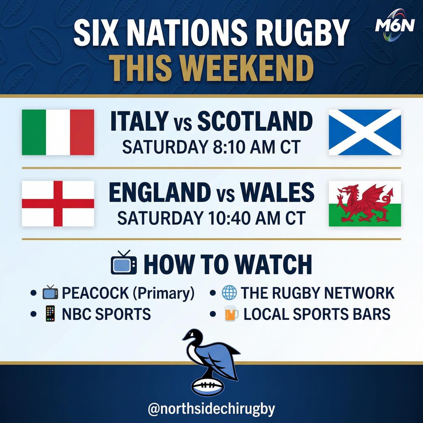 It&rsquo;s a massive weekend of Six Nations Rugby! 🏉

Two huge clashes are on the schedule for tomorrow, and you don&rsquo;t want to miss them. Here&rsquo;s the lineup:

🇮🇹 Italy vs Scotland 🏴󠁧󠁢󠁳󠁣󠁴󠁿 - 8:10 AM CT
Can Italy continue their str