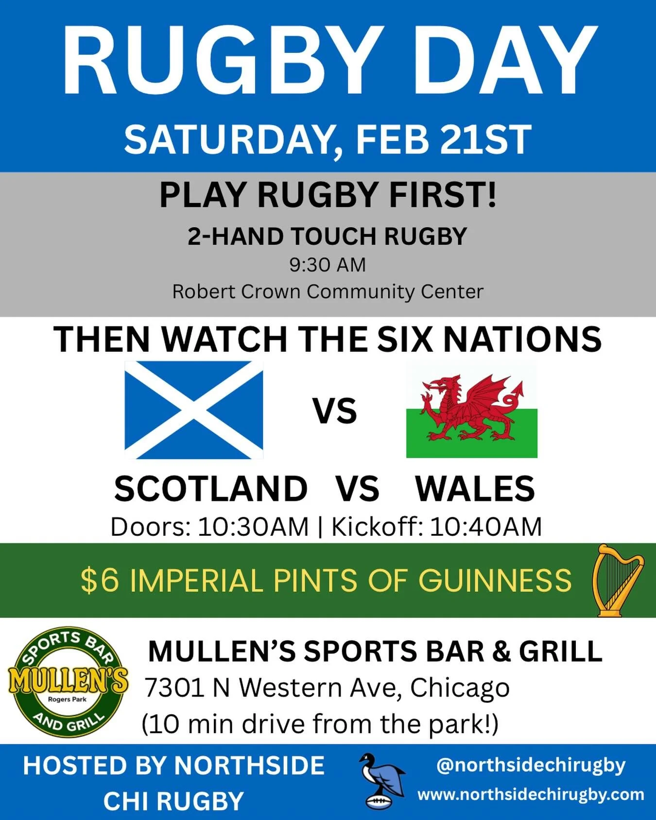 Your Saturday plans are set. ✅

1️⃣ PLAY: 2-Hand Touch Rugby. 9:30 AM @ Warren Park.
2️⃣ WATCH: Scotland vs. Wales. 10:30 AM @mullenssportsbarandgrill 

Earn your pints on the pitch, then enjoy a pint of Arthur&rsquo;s Finest while watching the Six N