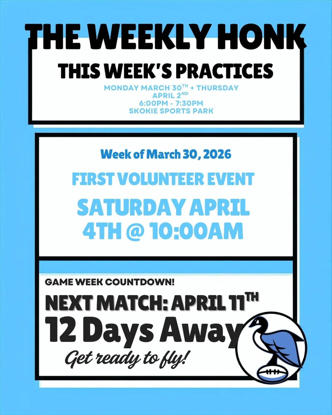 See you at practice! 

FLY WITH THE FLOCK 

#NorthsideRugby #JoinTheFlock #TheGooseIsLoose #ChicagoRugby #D4