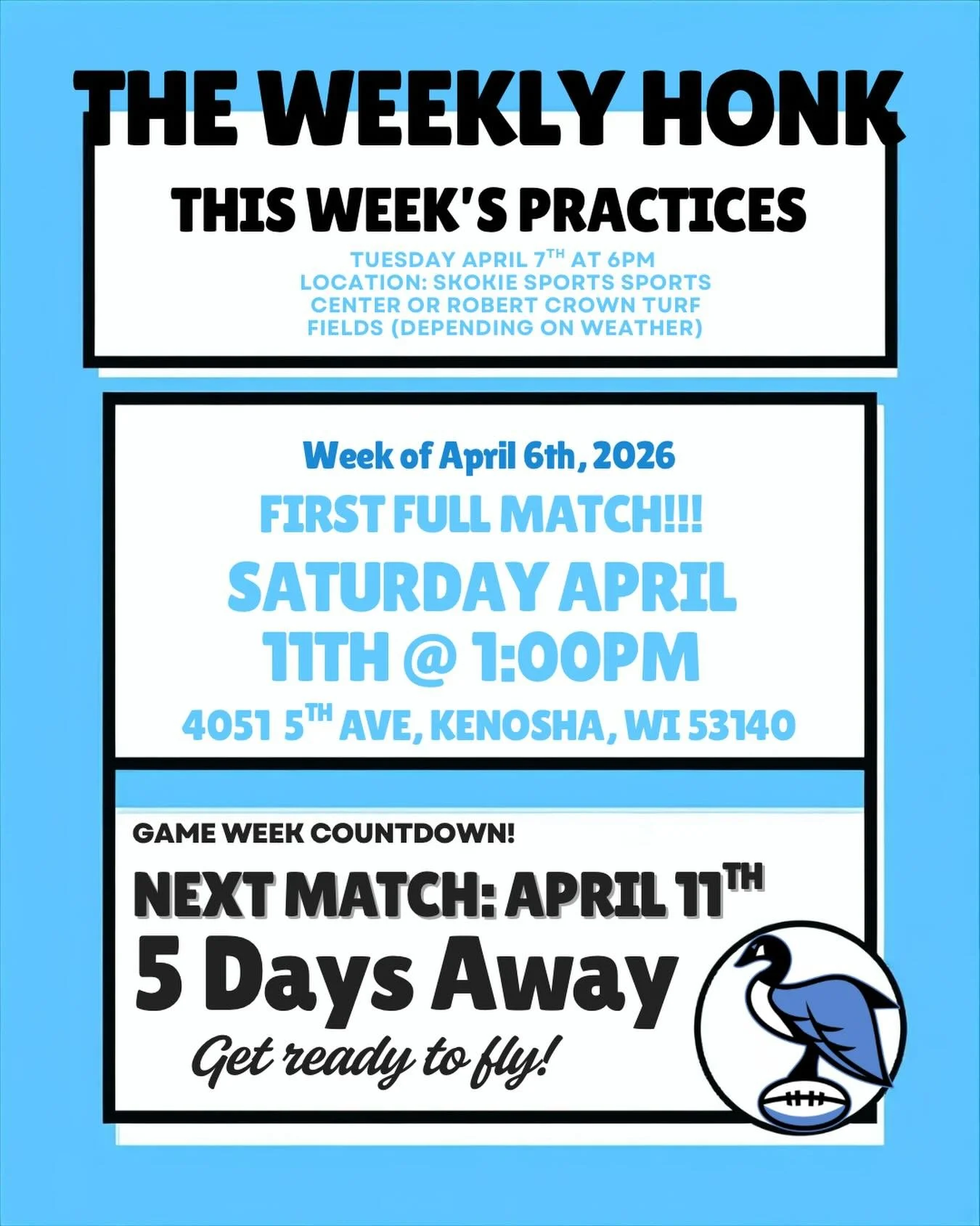 Join us tomorrow for practice then come support your favorite flock of geese on Saturday as we face off against the Kenosha Mammoths 

See you there! 

#NorthsideRugby #ChicagoRugby #RubyLife #Rugby