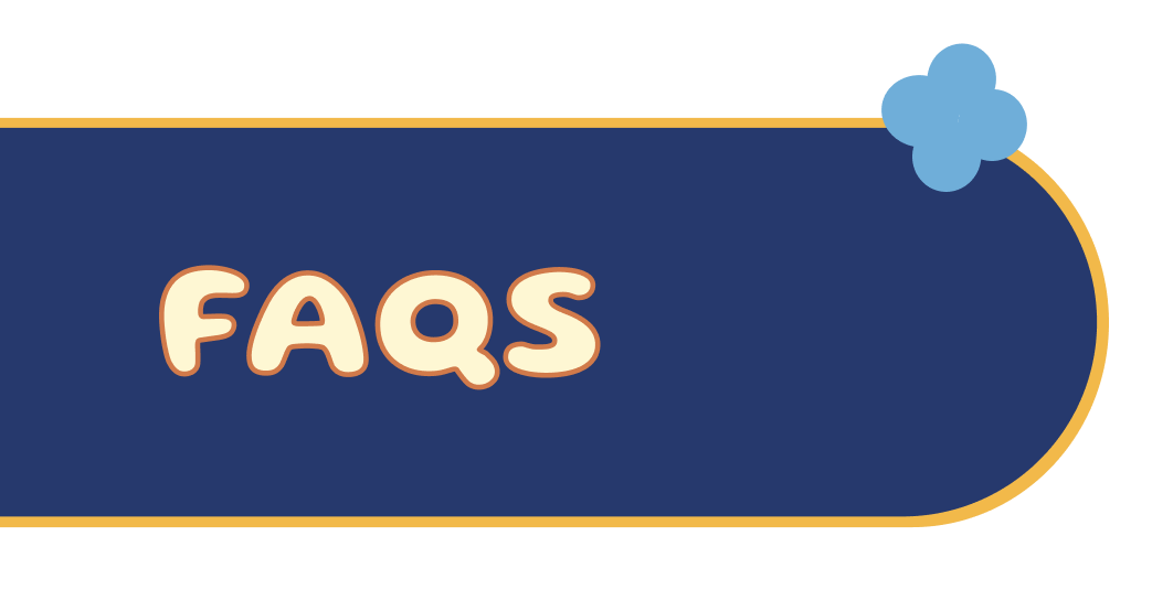 A blue and yellow FAQ sign with a cloud shape on the right side.