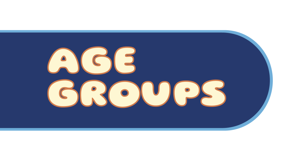 Graphic with rounded beige text saying 'AGE GROUPS' inside a dark blue oval shape with a light blue border.