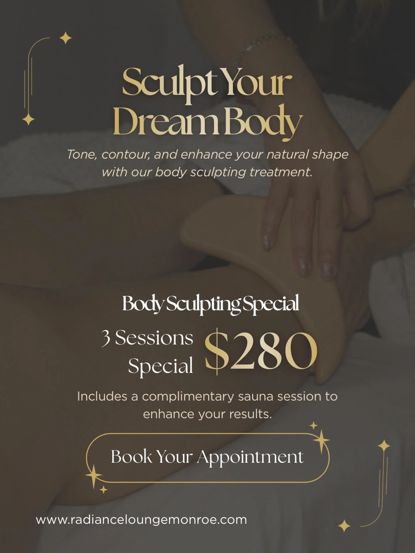 Sculpt, tone, and elevate your confidence ✨
Your dream body is closer than you think 🤍

Take advantage of our Body Sculpting Special
💫 3 sessions for $280
🔥 Includes a complimentary sauna session to boost your results

This is your sign to start i