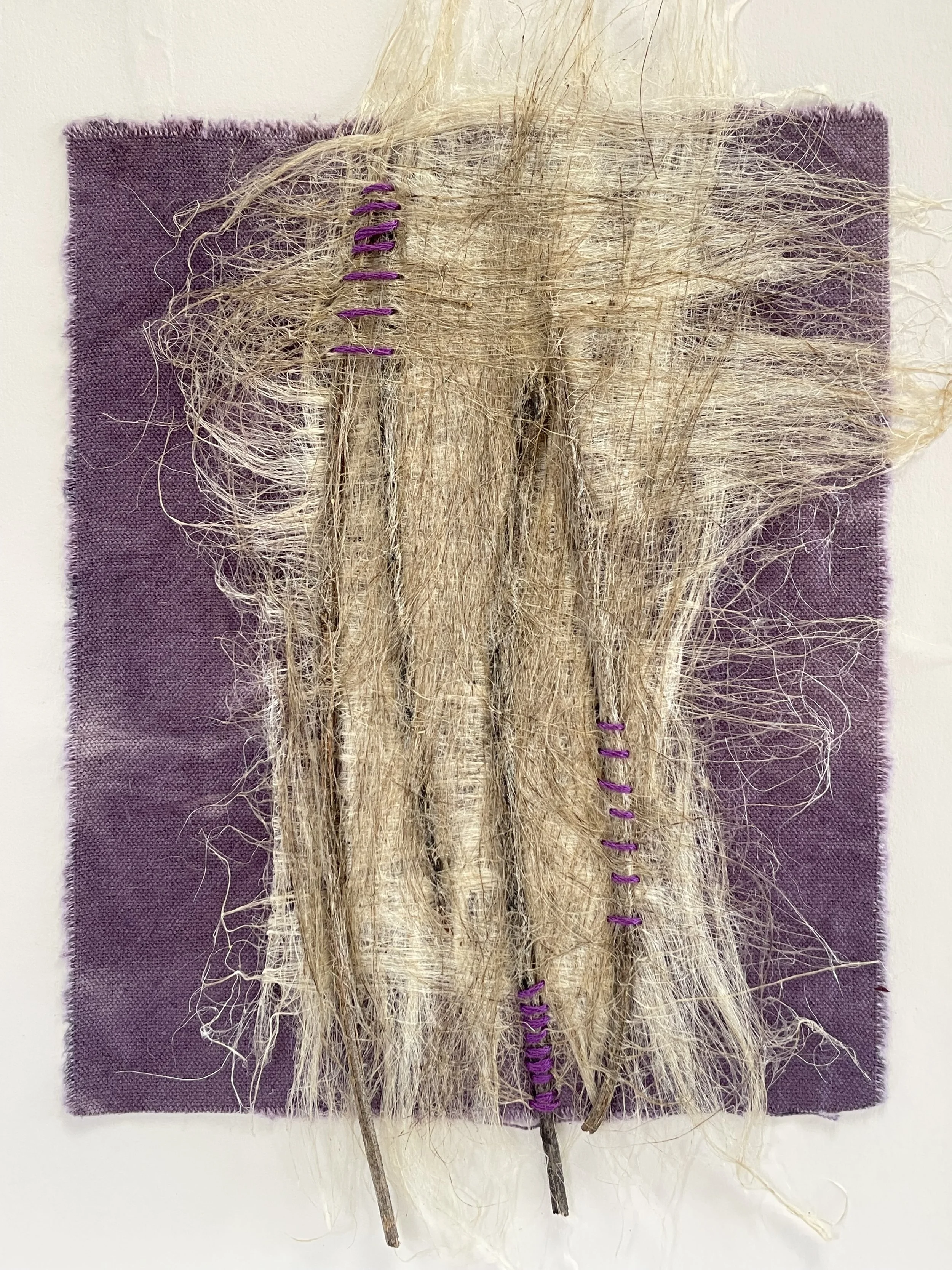  UNTITLED                                                     
flax fiber & thread on botanical dyed canvas
 13"H x 10"W
 2025