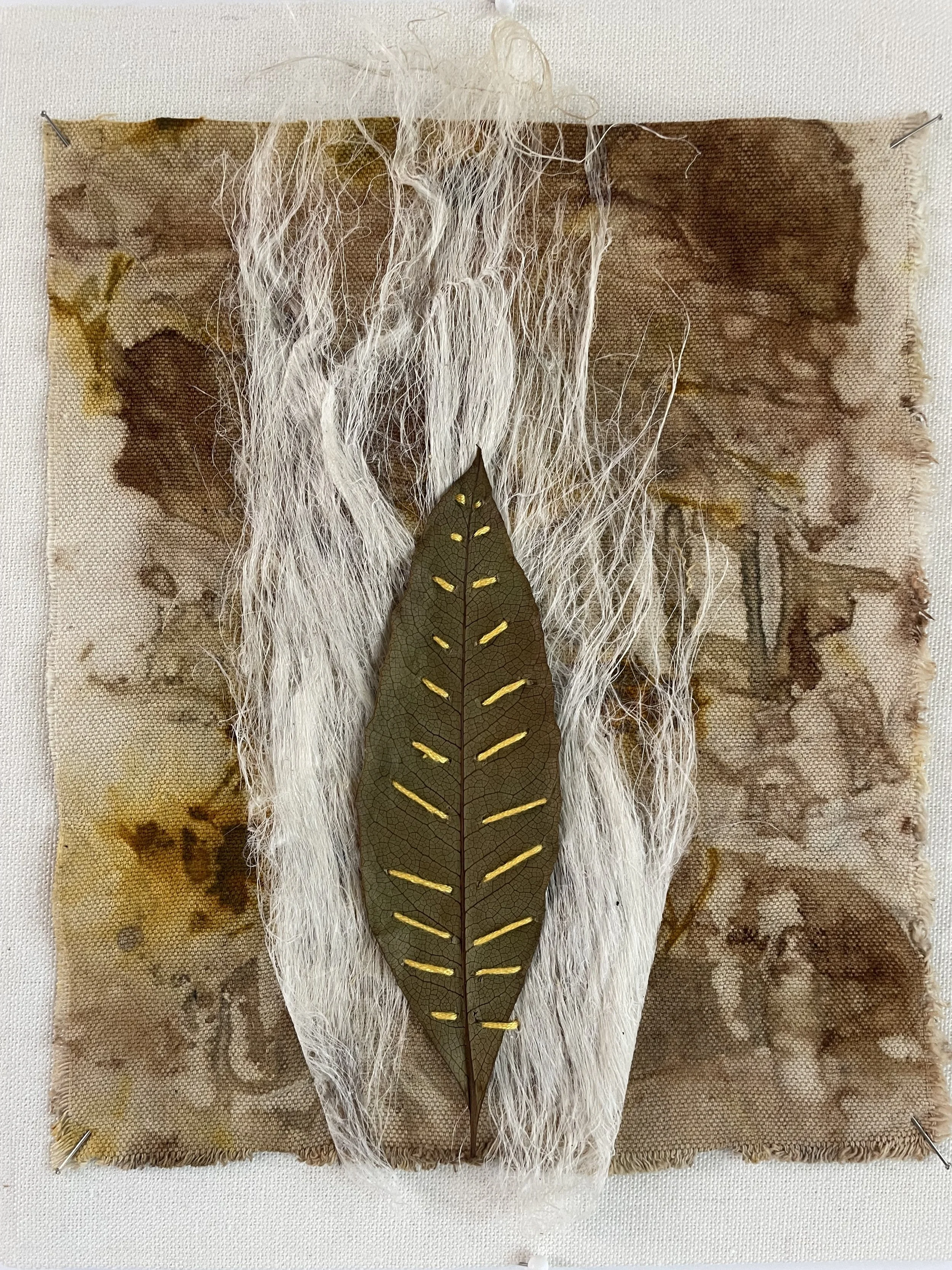 RE-GENERATE 5                                                     
eco dyed fabric, flax, leaf, thread
 10"H x 8"W
 2026