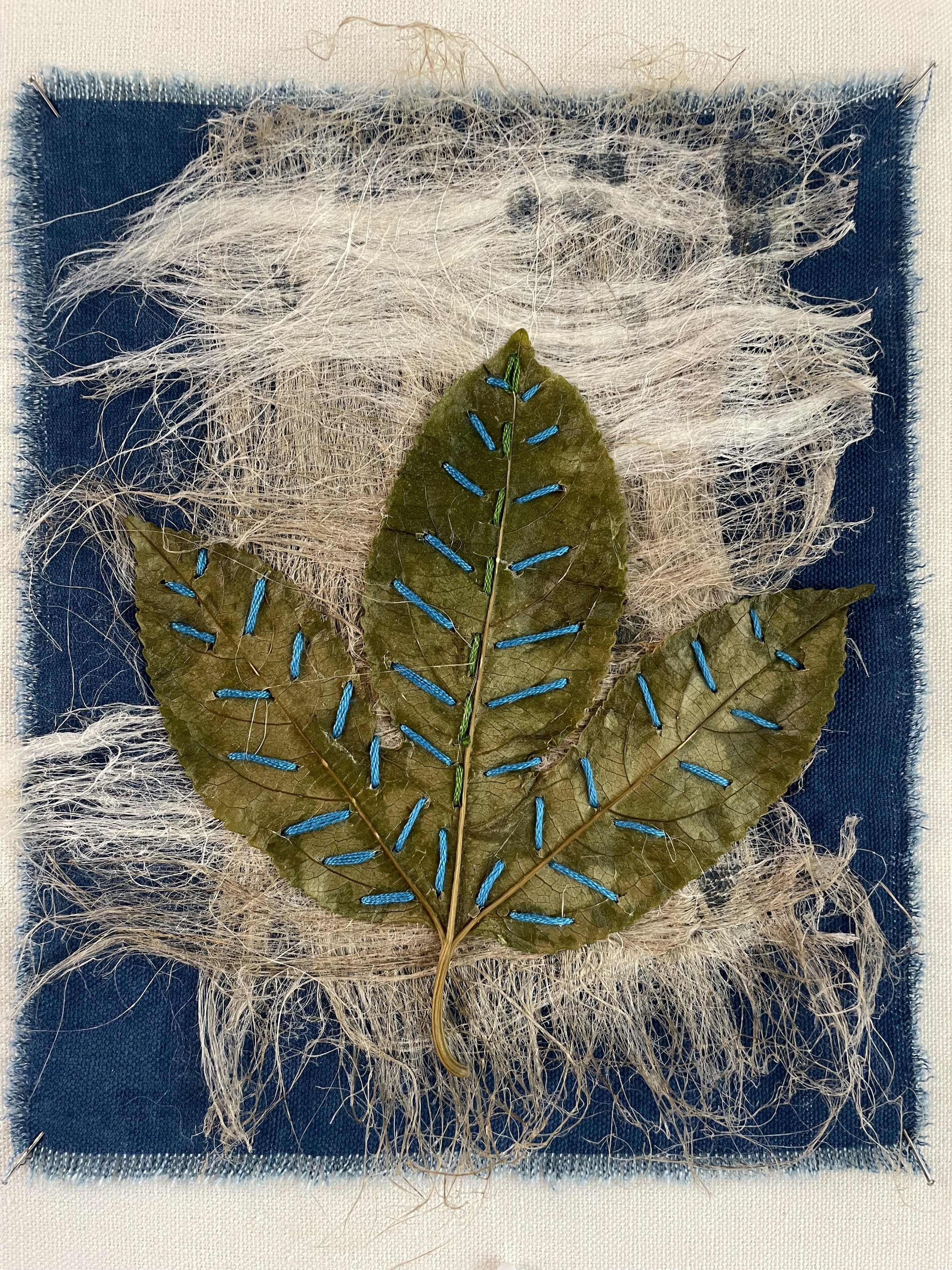  RE-GENERATE 4                                                     
indigo dyed fabric, flax, leaf, thread
 10"H x 8"W
 2026