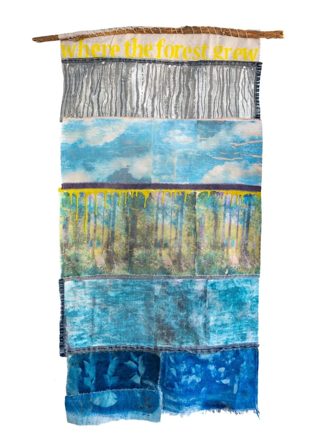  WHERE THE FOREST GREW                                                     
mixed media on recycled fabrics
 45"H x 24"W
 2025