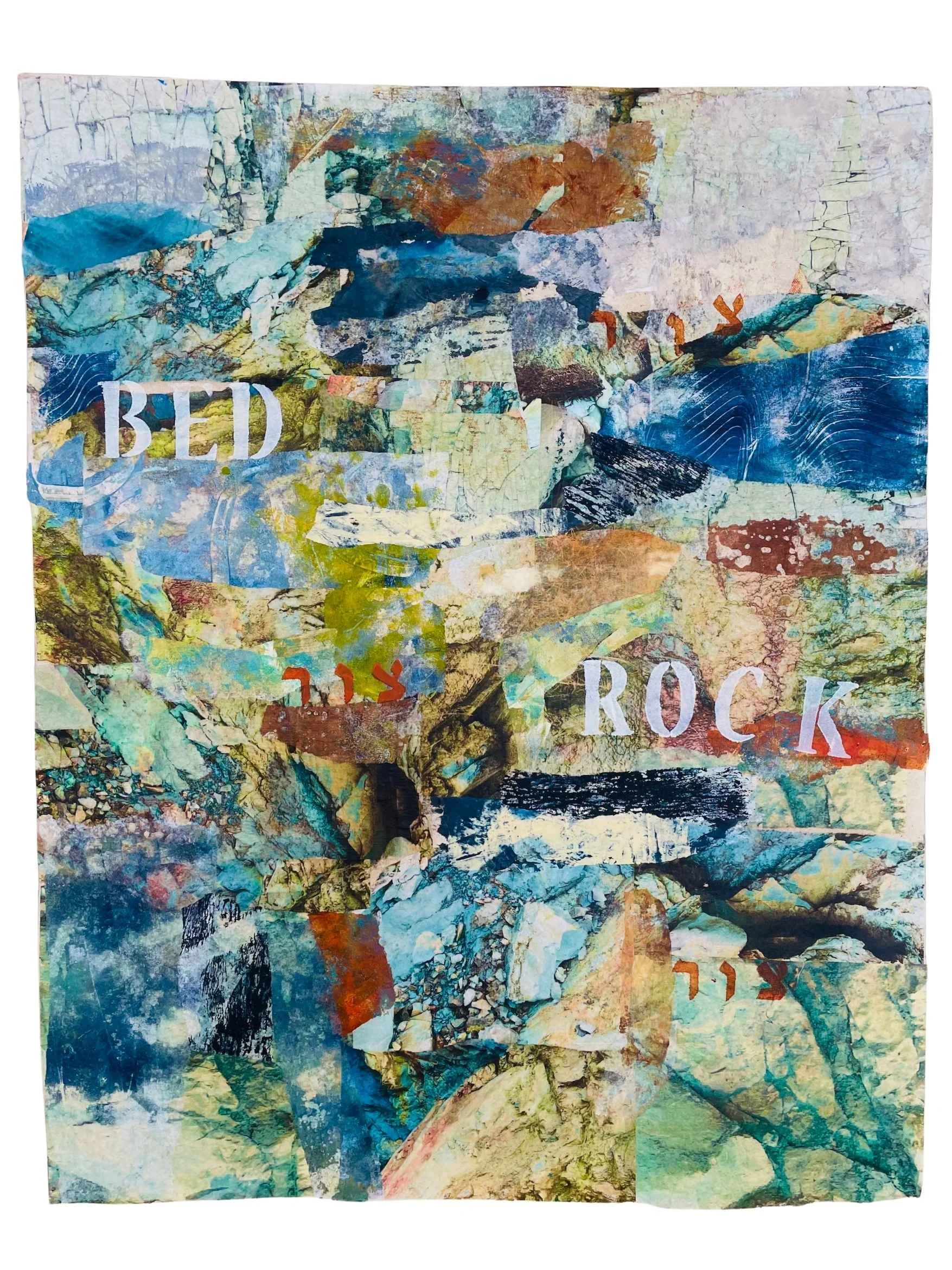  BED-ROCK                                                     
acrylic, collage on raw canvas
 36"H x 36"W
 2024
