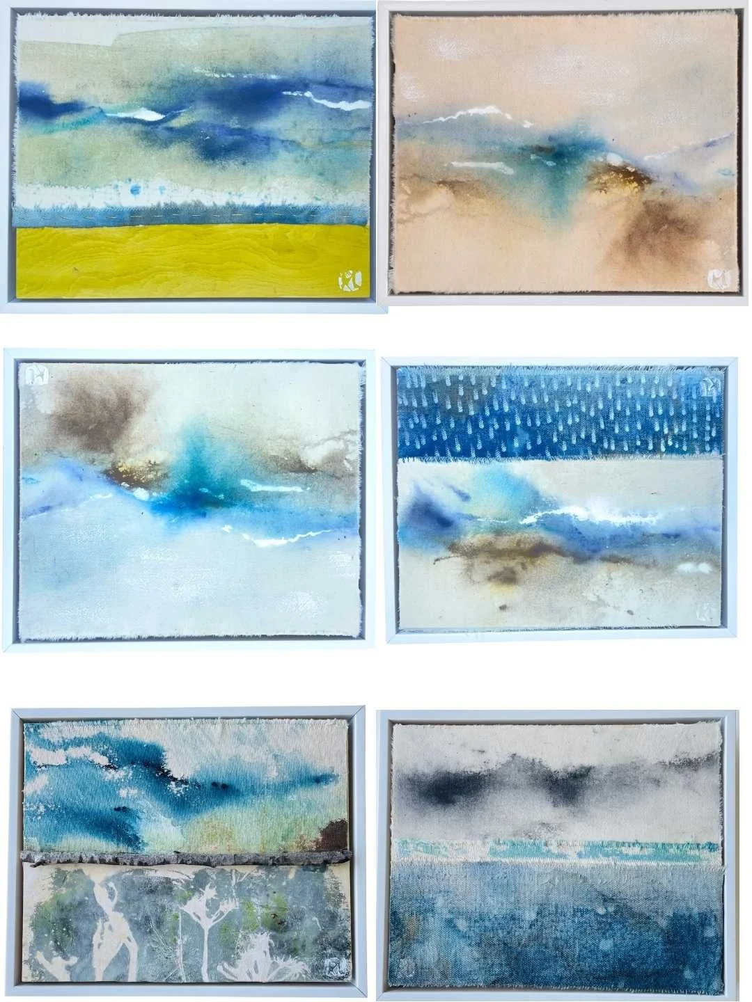  WHITHER WEATHER?                                                     
mixed media with fabric
 9"H x 11"W each
 2024