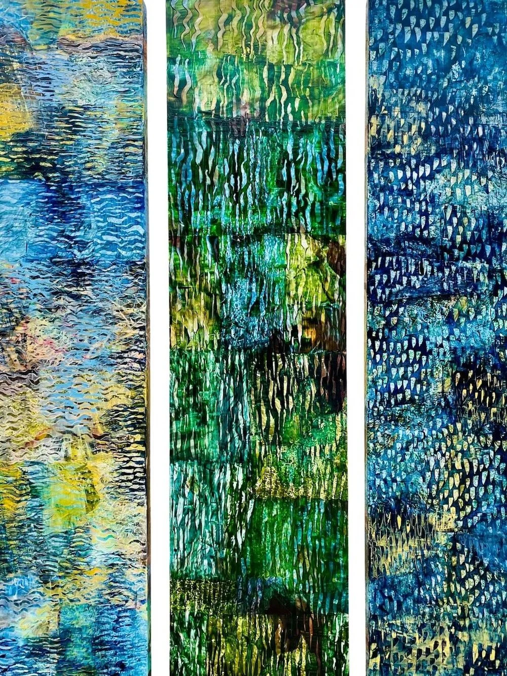  RUNNING STILL TRIPTYCH                                                     
acrylic, collage
 48"H x 12"W each
 2024