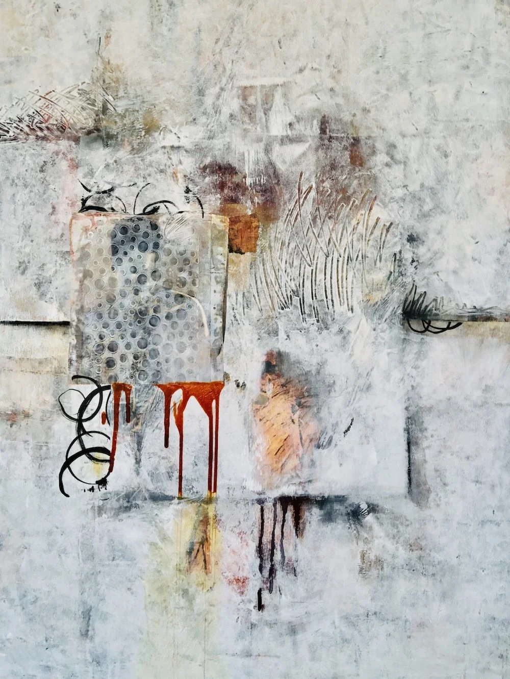  EMBERS                                                     
acrylic, collage
 40"H x 30"W
 2018