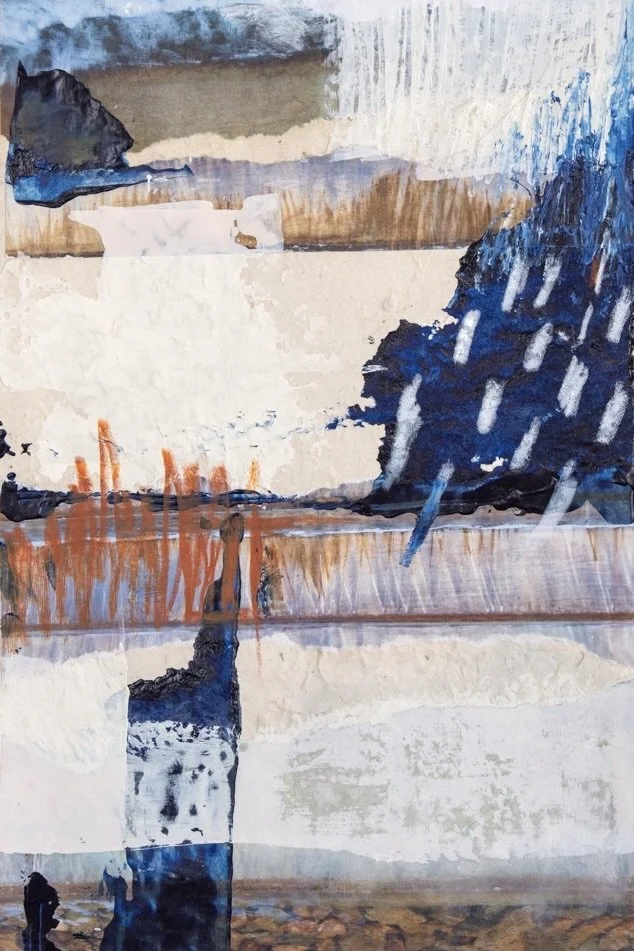 Abstract painting featuring layered patches of blue, white, orange, black, and brown colors.