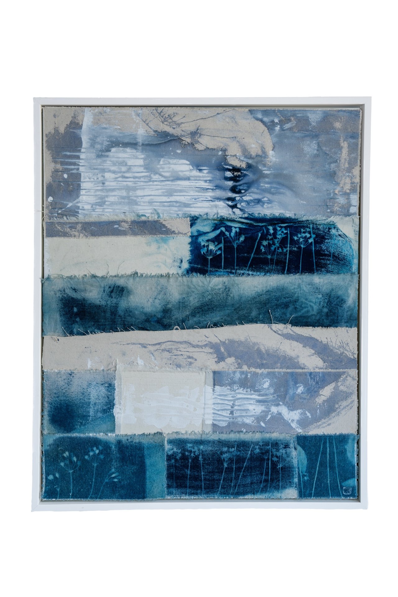  SINGING THE BLUES                                                     
cyanotype on raw, recycled canvas
 20"H x 18"W
 2024