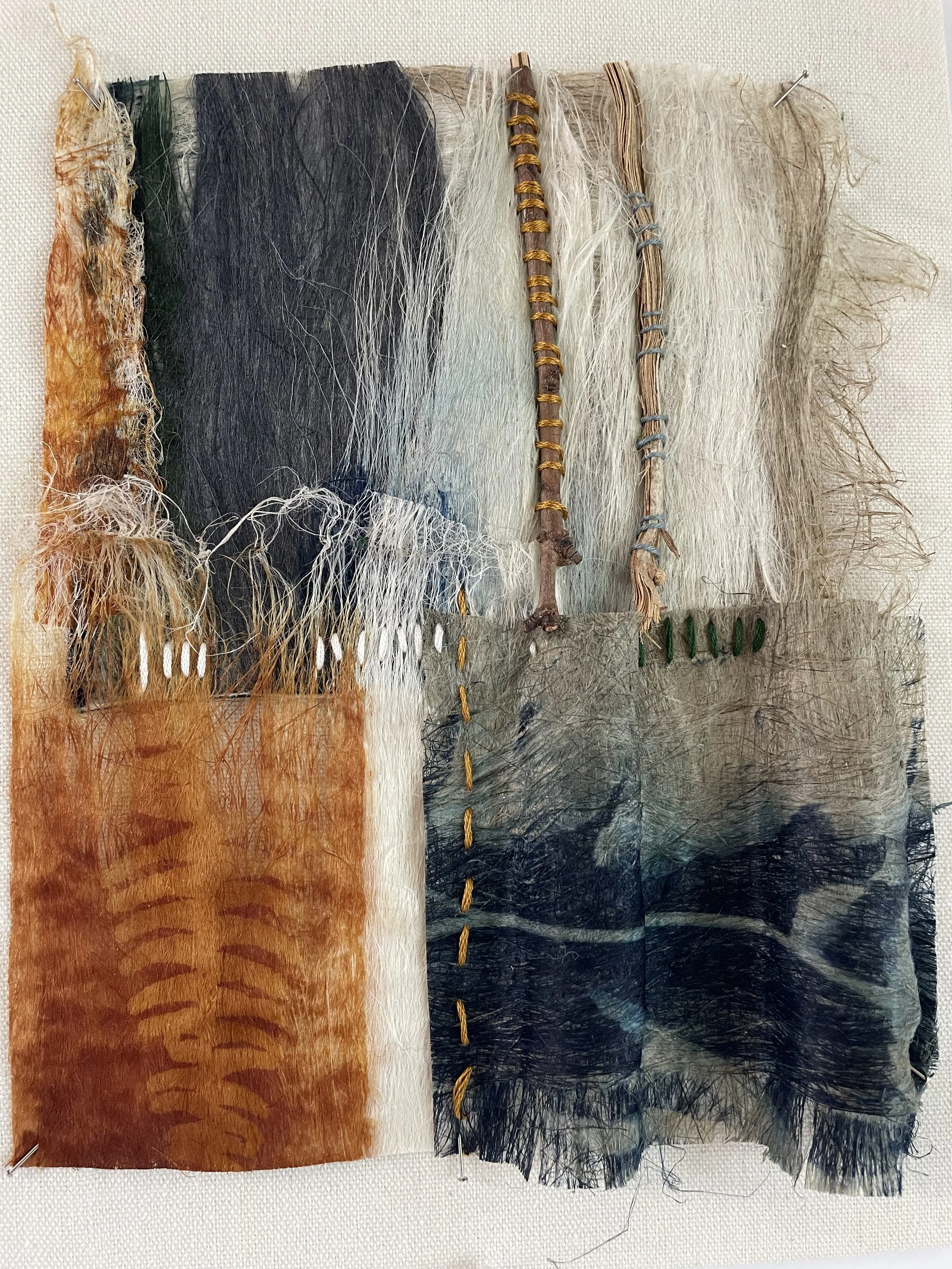  RE-GENERATE 2                                                     
flax fiber, thread, cyanotype, sticks
 10"H x 8"W
 2026