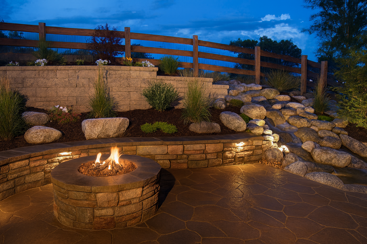 A landscaped backyard with a stone fire pit, a waterfall, and a wooden fence under a twilight sky.