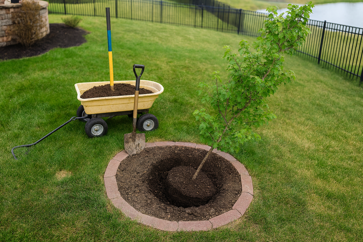 A young tree planted in a circular brick border, with a wheelbarrow filled with soil, a small gardening shovel, and a garden rake nearby on green grass, with a black metal fence and a body of water in the background.