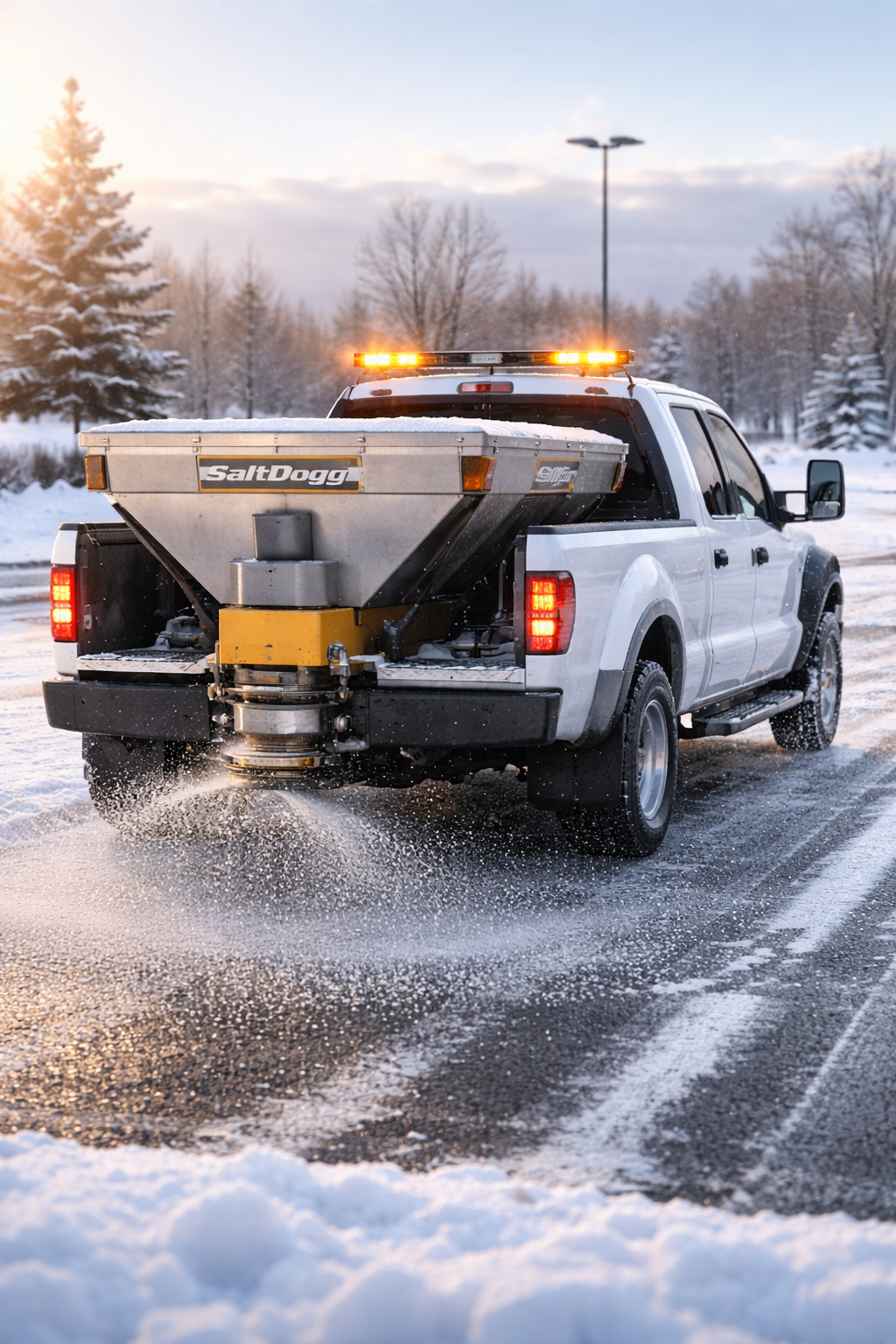 truck on the street salting the road