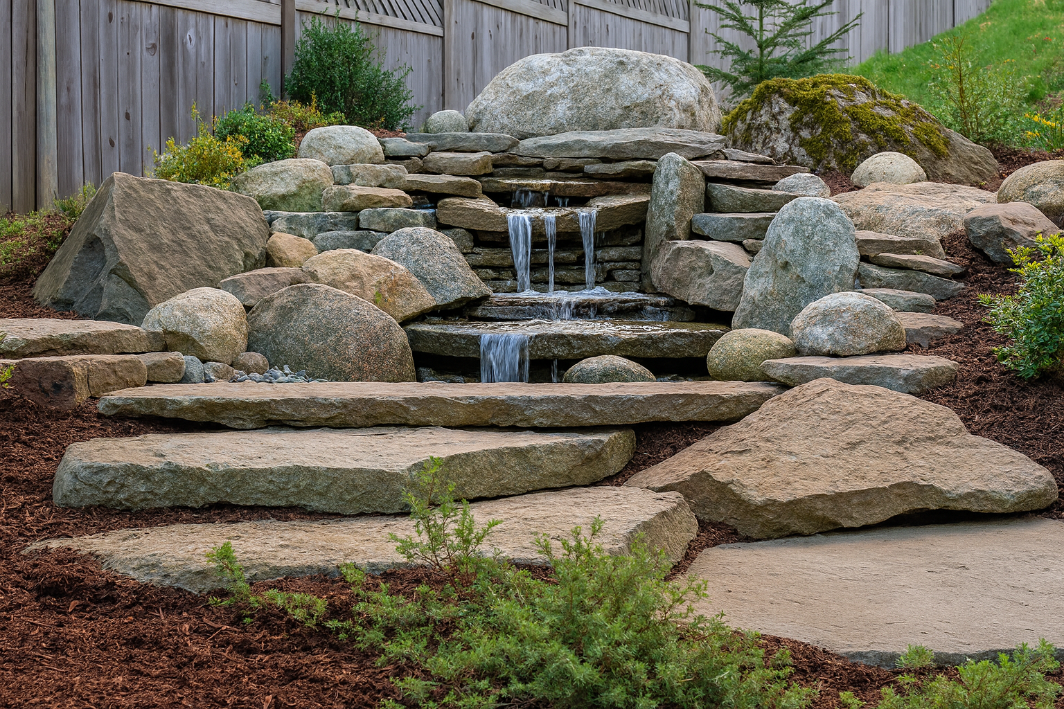 A backyard garden with a multi-tiered stone waterfall feature surrounded by various rocks, plants, and a wooden fence in the background.