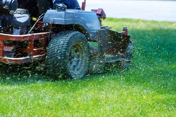A riding lawn mower cutting grass, with grass flying in the air.