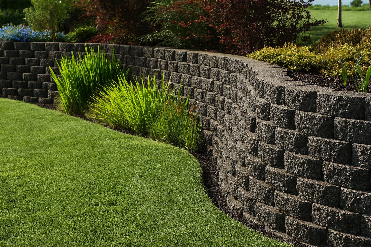 A landscaped yard with a curved retaining wall made of dark gray bricks, green grass in the foreground, and various plants including tall ornamental grasses and shrubs in the background.