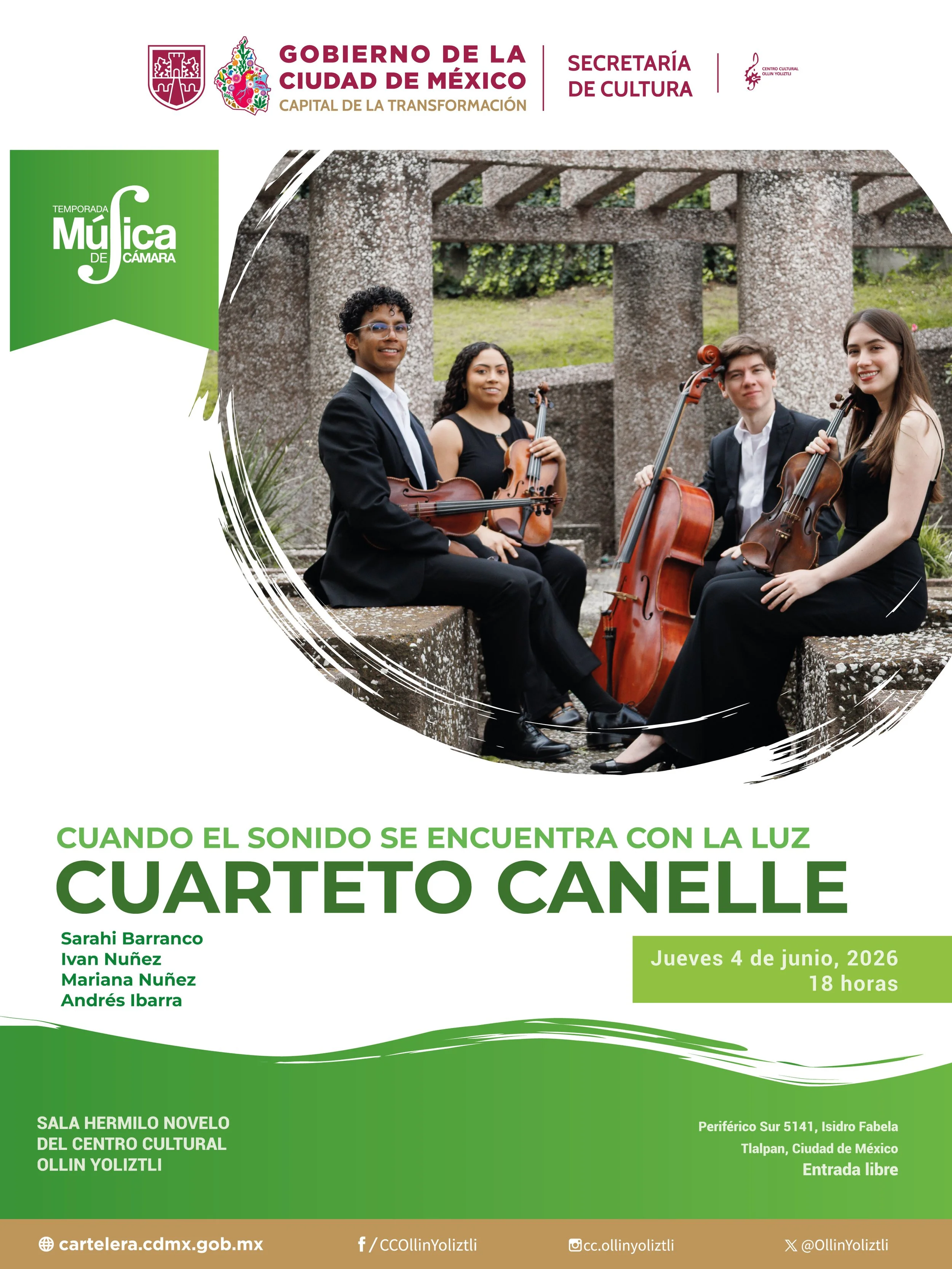 Cartel informativo sobre la presentación musical 'Cuarteto Canelle' en el Centro Cultural Ollin Yoliztli en Tlalpan, Ciudad de México, el jueves 4 de junio de 2026 a las 18:00 horas. La imagen muestra a cuatro músicos con instrumentos de cuerda en un entorno al aire libre con estructuras de piedra.