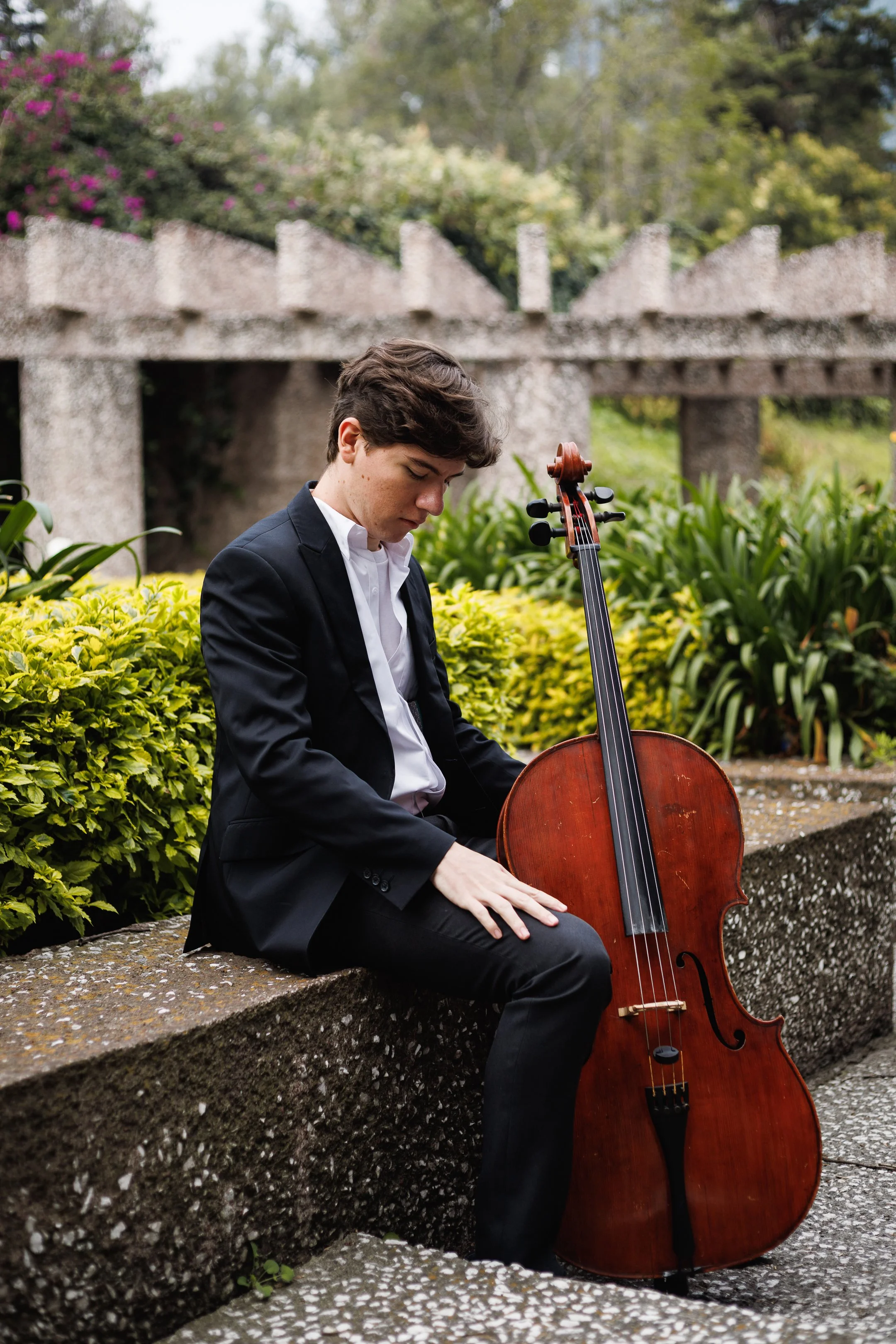 Joven tocando un violonchelo en un parque con vegetación y un puente de piedra en el fondo.