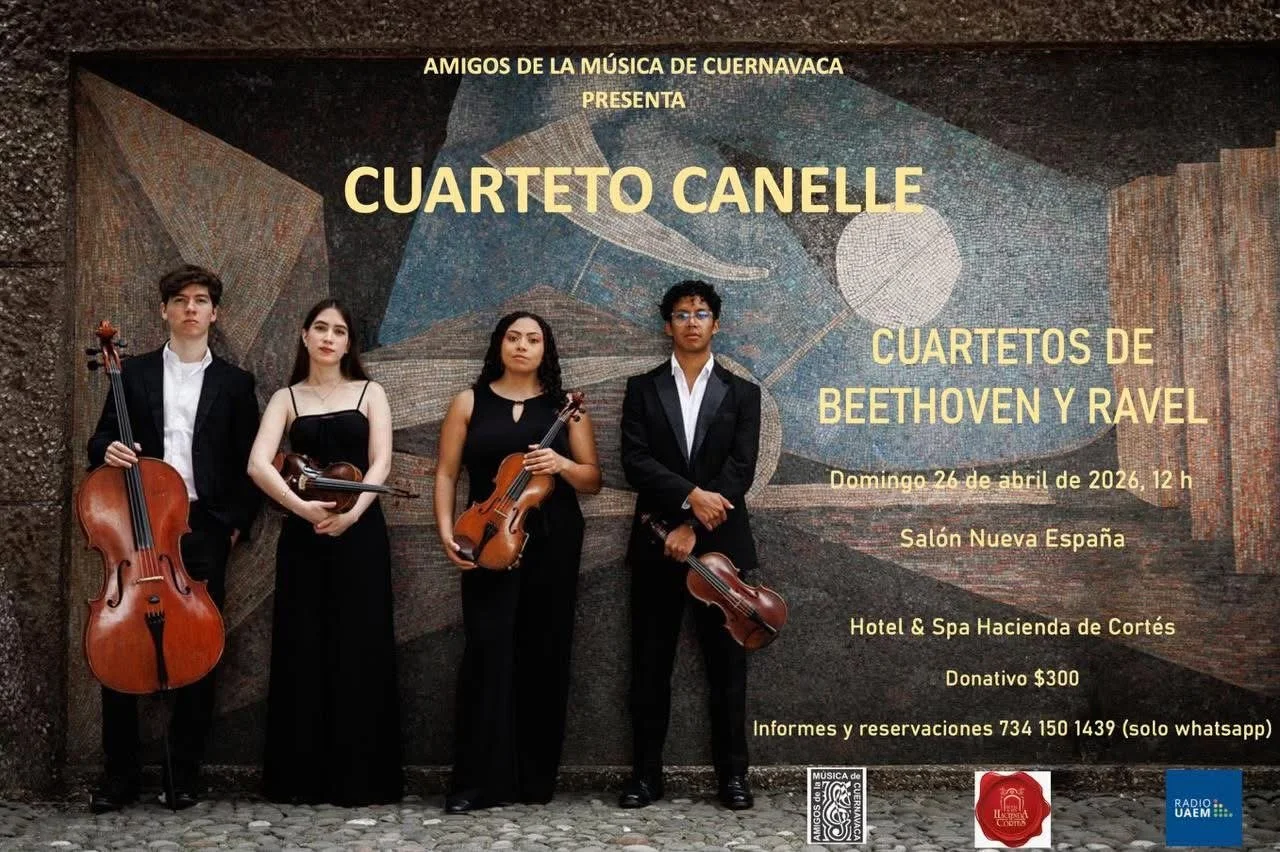 Cartel de concierto con cuatro músicos con instrumentos de cuerda frente a un mural abstracto, anunciando un concierto de Cuarito Canelle con cuarteto de Beethoven y Ravel, en el Salón Nueva España, el 26 de abril de 2026 a las 12 p.m., en el Hotel & Spa Hacienda de Cortés, con donativo de 300 pesos, con contacto vía WhatsApp.