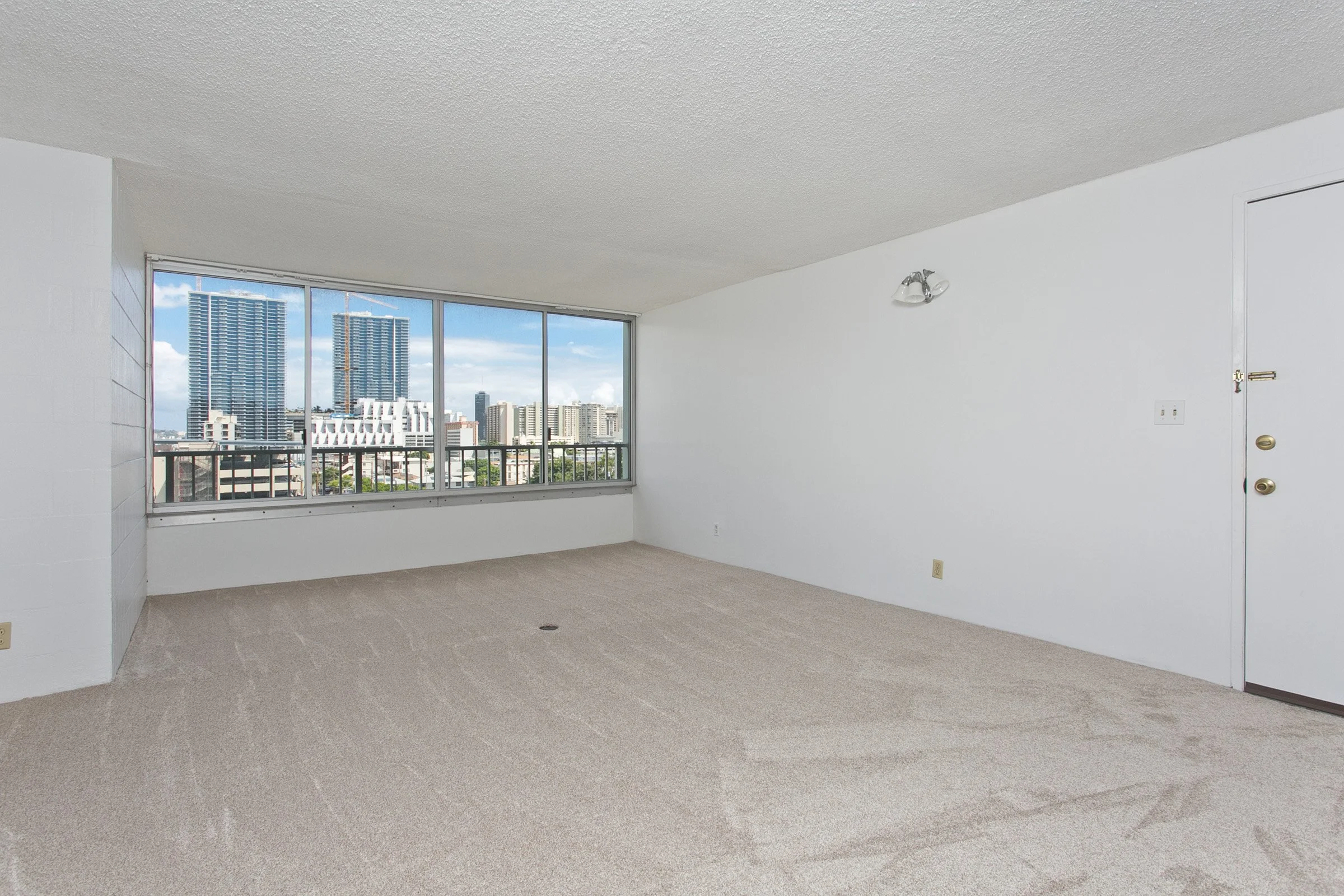 Empty living room with large window showing city skyline, white walls, beige carpet, ceiling light fixture, and door.
