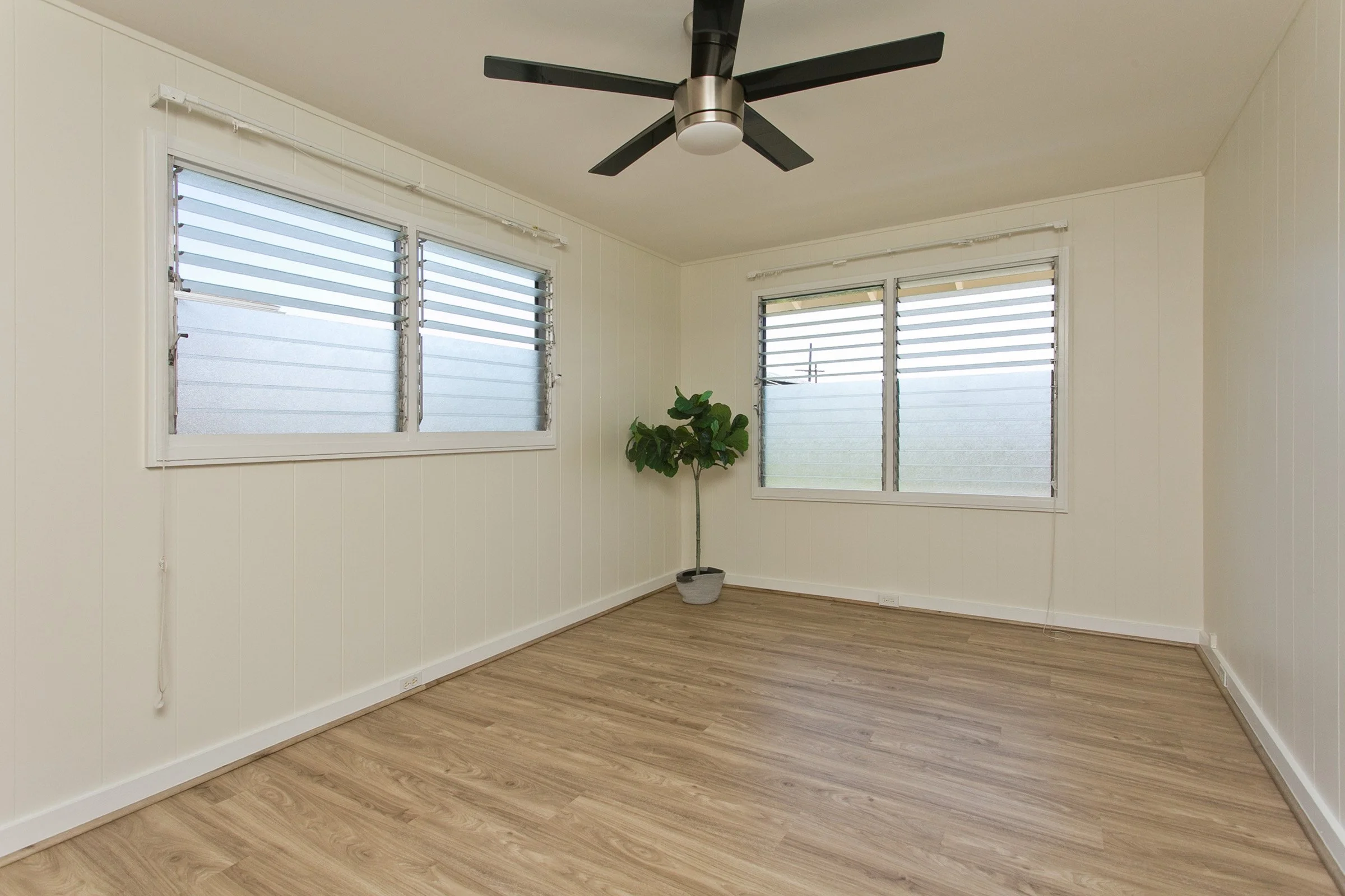 Empty room with light-colored wood floors, white paneled walls, two large windows with blinds, ceiling fan, and a potted plant.
